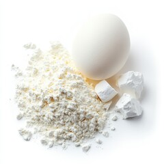 Egg powder with whole egg and dehydrated egg chunks on a white background.