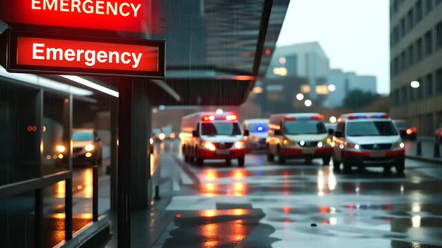 Emergency sign at bustling ER entrance with rain and ambulances