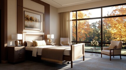 A spacious guest room features a cozy bed and tasteful decor. Large windows reveal a picturesque autumn landscape, filling the space with natural light
