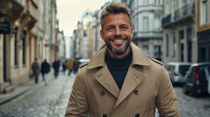 A man wearing a tan coat and black turtleneck strolls along a busy cobblestone street filled with buildings and people. He smiles brightly at the camera, showcasing a cheerful mood
