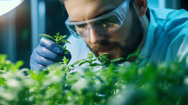 Closeup Organic chemist studying plant extracts in a greenhouse laboratory, natural science and sustainability