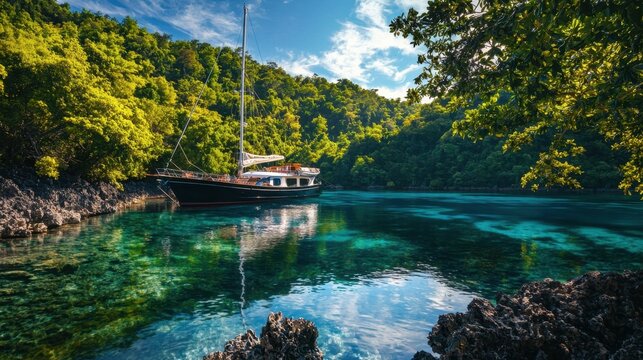 A majestic sailboat floats peacefully in a tranquil bay. Surrounded by vibrant green trees, the clear waters reflect the sky, creating a stunning natural oasis inviting relaxation