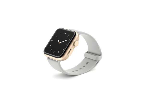 a stylish smartwatch with a gold frame and a grey strap, displaying the time