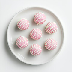 Obraz premium Delightful pink pastries adorned with white stripes, elegantly arranged on a pristine white plate.
