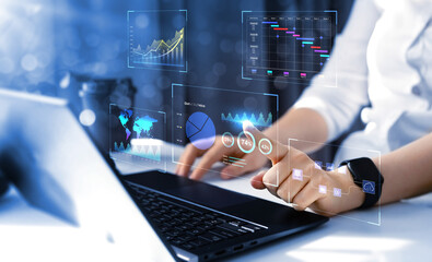 Business finance data analytics graph.Financial management technology.Advisor using KPI Dashboard on virtual screen.	
