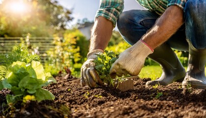 man working in the garden and planting a seedling