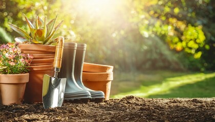 gardening tools in garden - with garden boots, trowel and pots with plants