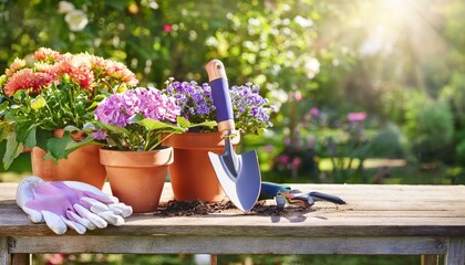 flowers in pots on a table with garden tools around