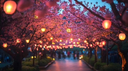 Obraz premium Charming cherry blossom festival showcasing vivid pink blooms in full glory.