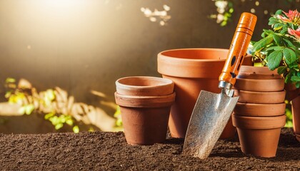 gardening still life with flowerpots and trowel on soil