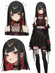 Gothic egirl striking red eyes black hair is showcased four views featuring intricate details unique style choker fishnet stockings skulladorned jacket