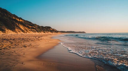 The sun sets over a tranquil beach, casting warm hues on the golden sands. Gentle waves lap at the shore, creating a peaceful atmosphere in the coastal landscape