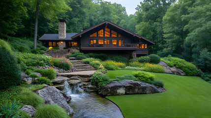 Obraz premium Luxurious real estate retreat with scenic views nature setting modern architecture