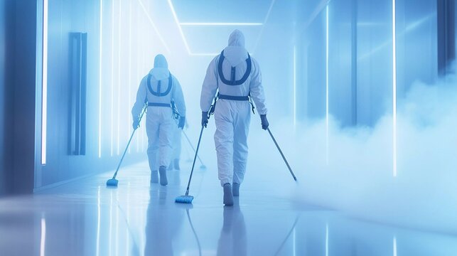 People in protective suits perform steam sterilization in a futuristic room with blue neon lights. Cleaning service, decontamination and medical concept. Indoor shot for poster, demonstration, design
