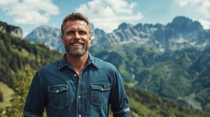 A man with a beard smiles warmly while standing outdoors. He wears a denim shirt and enjoys the breathtaking mountain views under a clear blue sky. Nature surrounds him