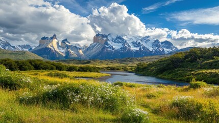 Lush greenery and vibrant wildflowers surround a serene river, with majestic mountains towering in the background under a bright blue sky filled with clouds, revealing Patagonia's natural allure