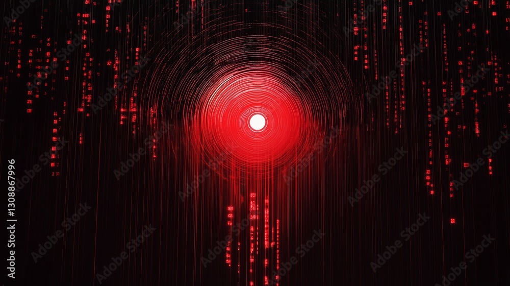 Fototapete A rogue AI core with pulsing red light and binary code rain