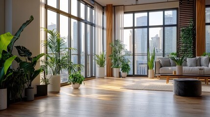 Obraz premium Sunlight streams through large windows in a modern apartment, illuminating leafy plants and tasteful furnishings while offering a view of the urban skyline at sunset