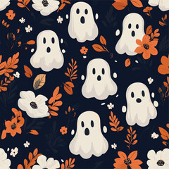 A pattern of cute ghost figures surrounded by flowers and leaves

