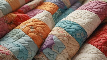 Colorful patchwork quilt material texture, close up. Knitted duvet cover or blanket with patchwork pattern.