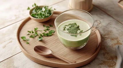 Moringa powder beverage with fresh leaves on wooden tray