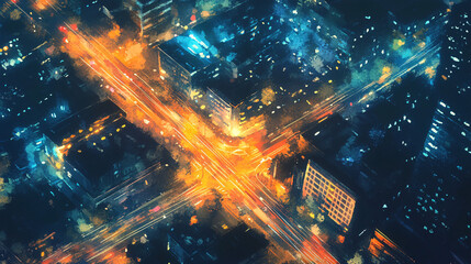 Fototapeta premium aerial view of city lights and roads at night 