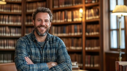 In a cozy library filled with wooden shelves and numerous books, a smiling man sits at a table. His casual attire suggests a relaxed atmosphere while he engages with literature