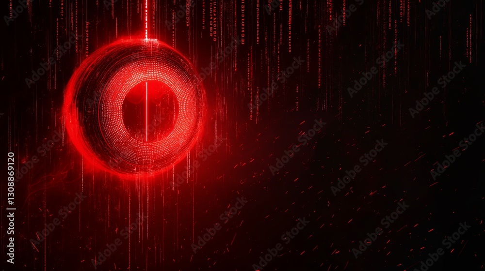 Poster A rogue AI core with pulsing red light and binary code rain