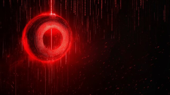 A rogue AI core with pulsing red light and binary code rain