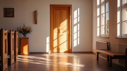Obraz premium Sunlight streams through tall windows, casting gentle shadows on the tile floor of a serene chapel. Wooden benches and a small altar contribute to the tranquil setting