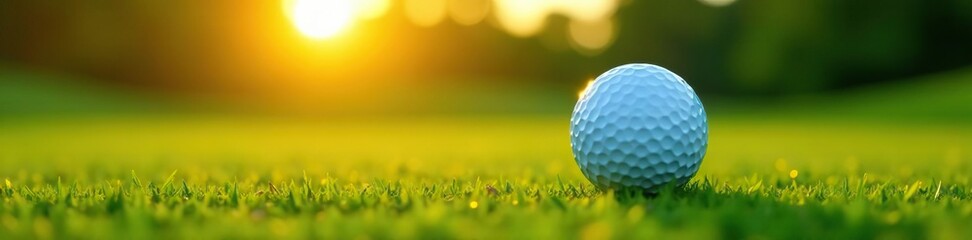 Golf ball on emerald grass with warm sunset glow, green grass, nature
