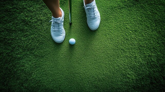 An aerial view of a golfer preparing to putt on a green.