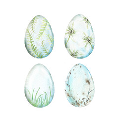 Easter eggs with patterns of leaves, flowers and branches hand painted with watercolor and isolated on white background. Easter decor element