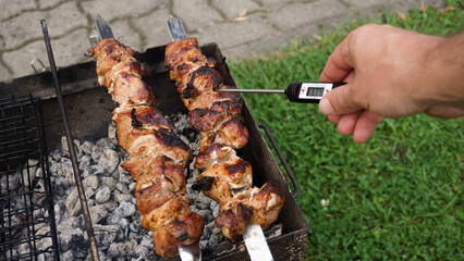 Man measuring meat temperature while grilling meat for outdoor barbeque in the backyard garden....