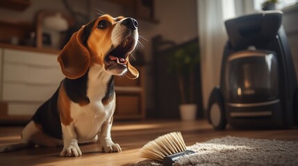 Fototapeta na wymiar Beagle dog barking at vacuum cleaner in home kitchen