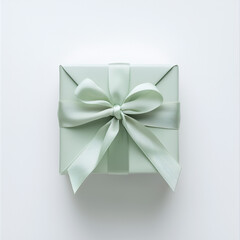 Minty present: Box wrapped in soft green paper and tied with a matching satin bow against a white surface.