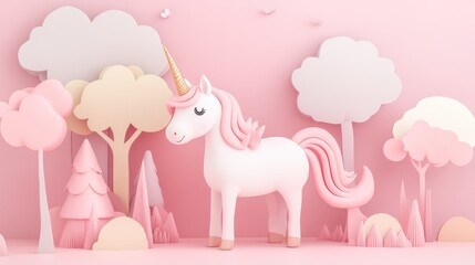 Fototapeta premium Pink unicorn in pastel forest; whimsical scene for children's book