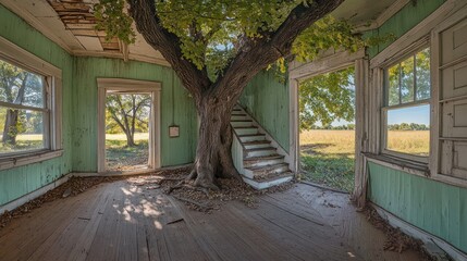 Nature's Reclaim: A Tree Growing Through an Abandoned House