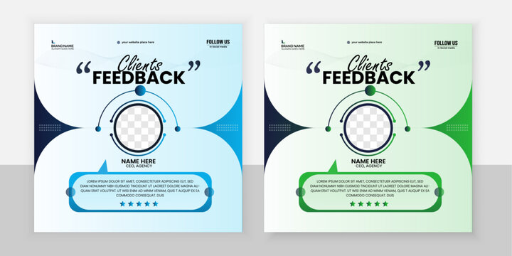 Modern clients feedback testimonial templete design with rounded iconic blue and green shape.

