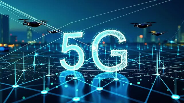 Futuristic 5G technology concept with drones flying over a digital network grid at night