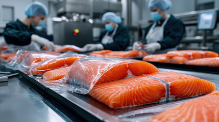 Fresh Salmon Fillets in Vacuum Sealed Packaging by Workers in Food Processing Facility
