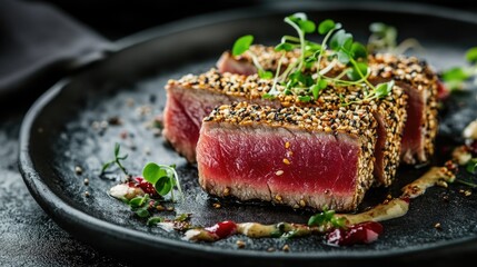 Perfectly Seared Tuna Steaks Garnished With Herbs And Sauces
