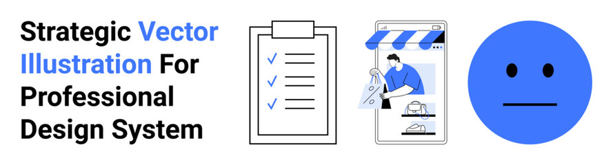 Fototapeta premium Checklist with completed tasks, digital storefront payment action, and neutral blue emotion. Ideal for productivity, e-commerce, business strategy, evaluation, decision-making, design systems flat