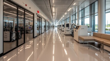 Fototapeta premium A spacious corridor showcases advanced machinery and equipment in a contemporary facility. The polished floor reflects radiant lights and large windows, enhancing the bright environment