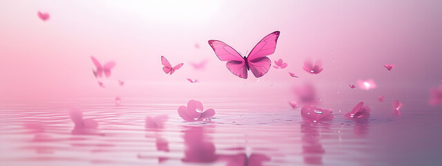Pink butterflies flying in the water, dreamy and pink tones
