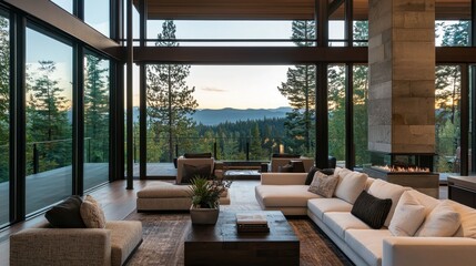 Obraz premium A spacious living room features large windows showcasing breathtaking mountain views at sunset. Stylish furniture and warm lighting create a welcoming atmosphere in a serene forest