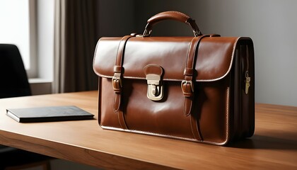 Brown Leather Briefcase on Wooden Table Near Window for Business