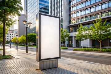 A blank advertisement billboard stands in an urban street scene