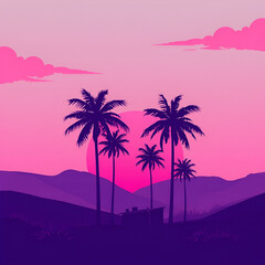 Fototapeta premium Retro futurism landscape with palm trees and a sunset in shades of purple and pink