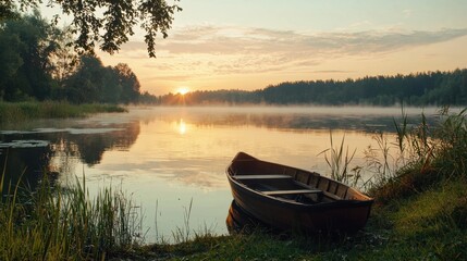 The sun rises gently above the horizon, casting warm light on a calm lake. A wooden boat rests quietly on the shore, surrounded by lush greenery and mist enveloping the water